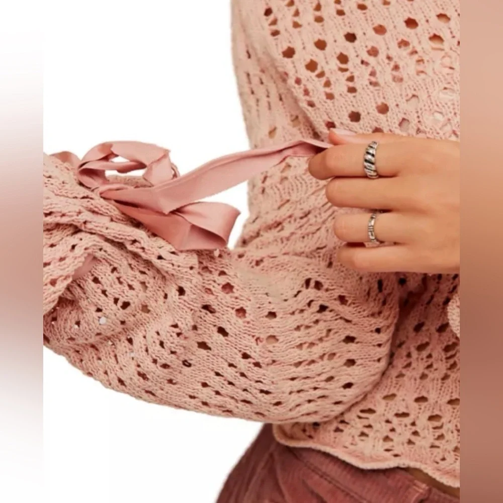 Free People Pointelle Knit Collared Sweater, Mauve Rose, Size M